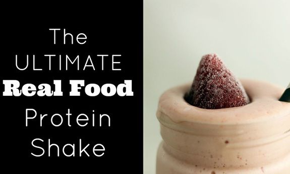 the ultimate real food protein shake is in a jar with a straw sticking out of it