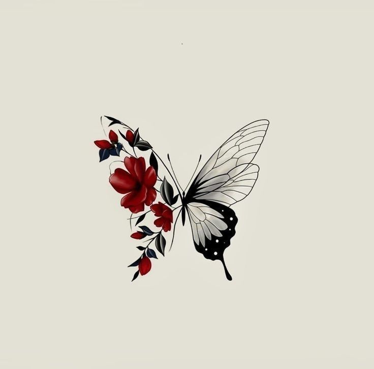 a black and white butterfly with red flowers on it's back wing, flying in the air