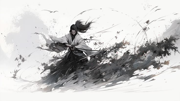 a woman with long hair is flying through the air while holding two swords in her hands