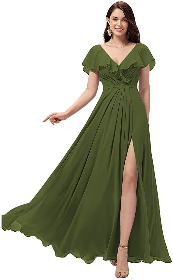 These olive green bridesmaid dresses feature                      v neckline with ruffles, pleated bodice, a figure-flattering empire waistline and flowy full length skirt with split complete the look. You will receive many compliments on this. Olive Green Bridesmaid Dresses, Womens Bridesmaid Dresses, Bridesmaid Dresses Long, Bridesmaid Dresses With Sleeves, Chiffon Dress Long, Prom Dresses For Teens, Green Bridesmaid Dresses, Ladies Gown, فستان سهرة