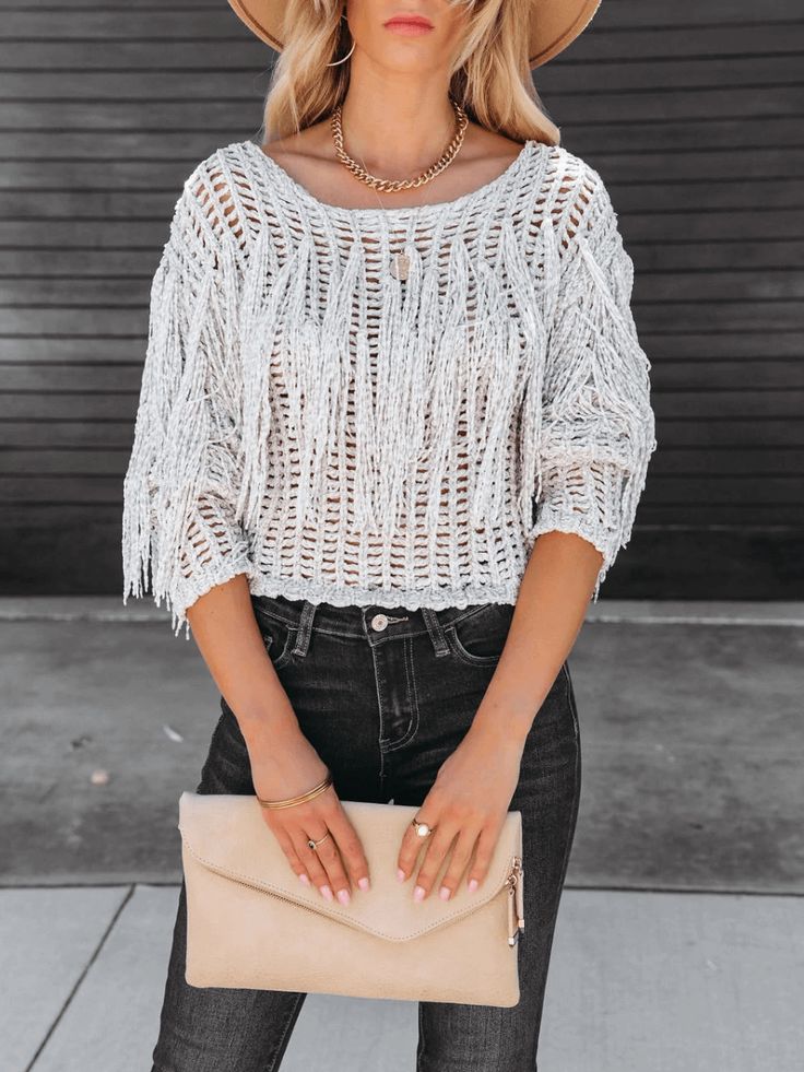 Grey Bohemian Knit Tops With Fringe, Fall Knit Tops With Fringe, Knit Fringe Top For Fall, Knit Top With Fringe For Fall, Spring Knit Top With Fringe, Edgy Fringe, Fringe Sleeves, Knitted Blouse, Crochet Fringe