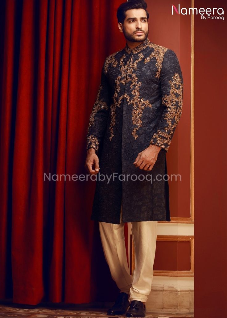 Embroidered Mens Sherwani in Navy Blue Color in Stylish design embellished with dabka, zardozi work. This Sherwani is looking so beautiful and best choice for groom for wedding event. Sherwani: Classy Sherwani in Navy Blue color is fully embellished with gold dabka, zari work on front side. Sherwani sleeves is embellished with dabka embroidery. Embroidered Mens Sherwani fabric is jamawar. Pajama: Embroidered Mens Sherwani is paired with White pajama which is giving charming look to sherwani. Fab Dabka Embroidery, Usa Wedding, Sherwani For Men Wedding, Dress Pakistani, Wedding Dresses Indian, Mehndi Dress, Mens Sherwani, Boho Beach Wedding, White Pajamas