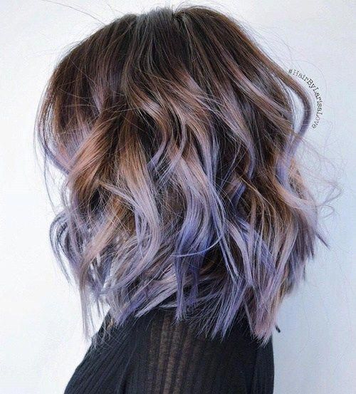 light brown bob with purple balayage #shorthairbalayage Simple Hair Colors Ideas, Black Hair Balayage Shoulder Length, Short Blue Hair Highlights, Hair Color Ideas For Brunettes Short, Pastel Purple Hair, Purple Balayage, Brunette Ombre, Purple Ombre Hair, Dare Questions