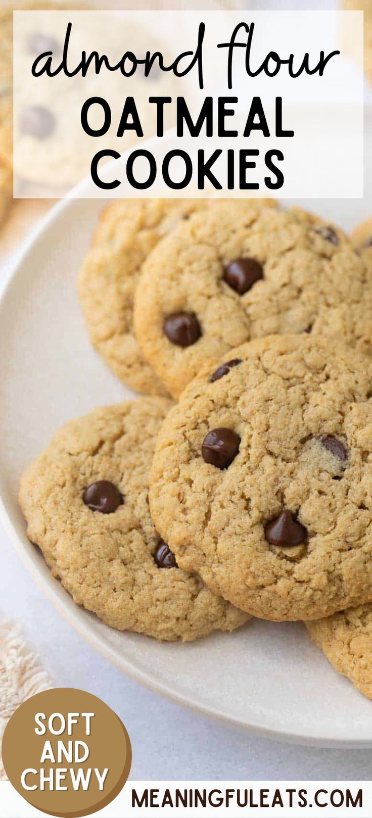 A plate full of several almond flour oatmeal cookies baked with chocolate chips in them. Almond Flour Oatmeal Cookies, Almond Flour Oatmeal, Gluten Free Ginger Cookies, Gluten Free Lemon Cookies, Gluten Free Monster Cookies, Almond Flour Recipes Cookies, Make Almond Flour, Caramel Apple Cookies, Glutenfri Baking