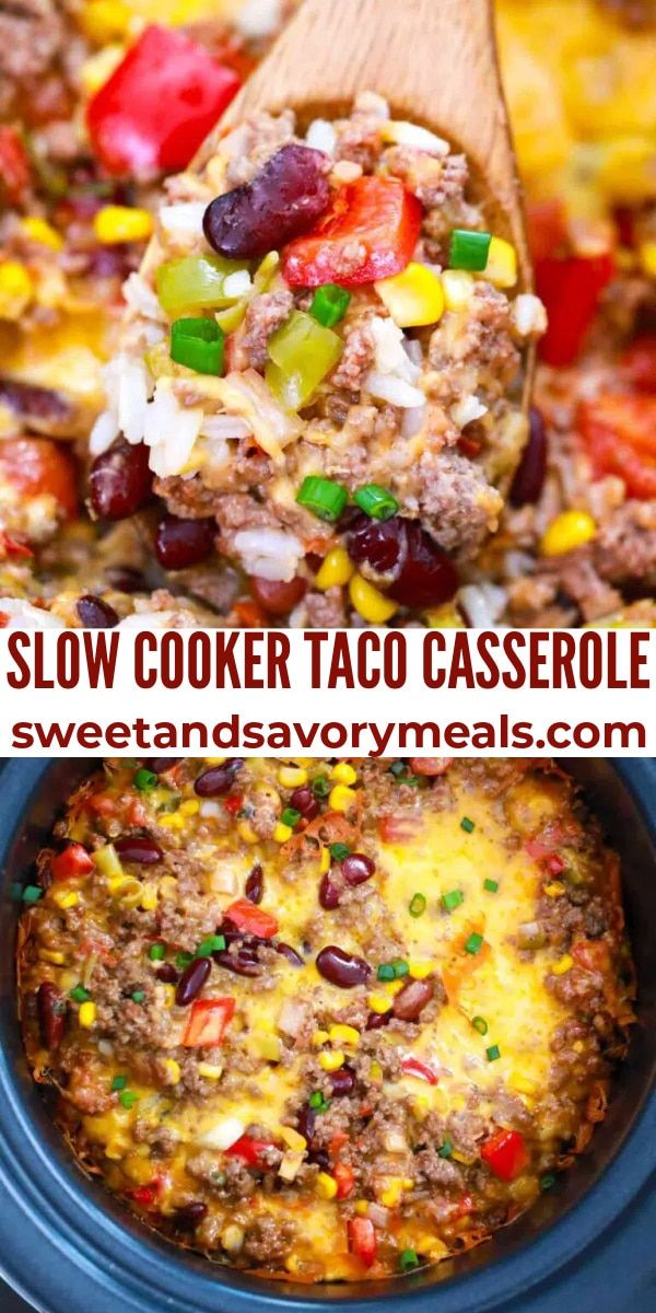 slow cooker taco casserole in the crock pot with text overlay