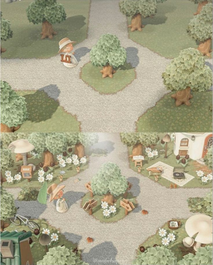 an aerial view of a small park with trees and animals on the ground in it