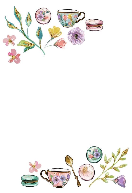 an illustration of tea cups and spoons with flowers on them in watercolor over white background