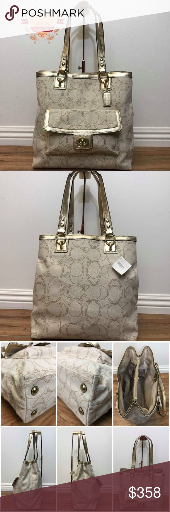 🔱Coach Signature Gold Glitters Sparkly🔱 👉🏻Poshmark take 20% for Selling Fees👈🏻  ⬇️Drop Price $195 to $155⬇️  🔱“NO” Trade, Dust Bag, HOLD  🔱Coach Penelope Linen Signature NS  🔱BNWT 🔱Authentic 🔱Serial No.B1275F19266 🔱Style No. F19266 🔱Coach Hang Charm 🔱3 Compartments 🔱Center Zip & Sides Snap Closures 🔱Interior Zip & 2 Slip Pockets 🔱Signature Fabric w Leather Trim  🔱Coach Creed and Serial Number Patch 🔱Exterior Pocket Turn Lock Closure 🔱Fully Lined w Polyester 🔱Color:Multi  🔱P Gold Bags With Leather Handles For Formal Occasions, Formal Gold Bag With Leather Handles, Formal Gold Bags With Leather Handles, Gold Coated Canvas Bags For Daily Use, Daily Use Gold Coated Canvas Bag, Gold Rectangular Coated Canvas Bags, Gold Coated Canvas Bag For Everyday Use, Gold Coated Canvas Tote Bag, Gold Coated Canvas Bag With Double Handle