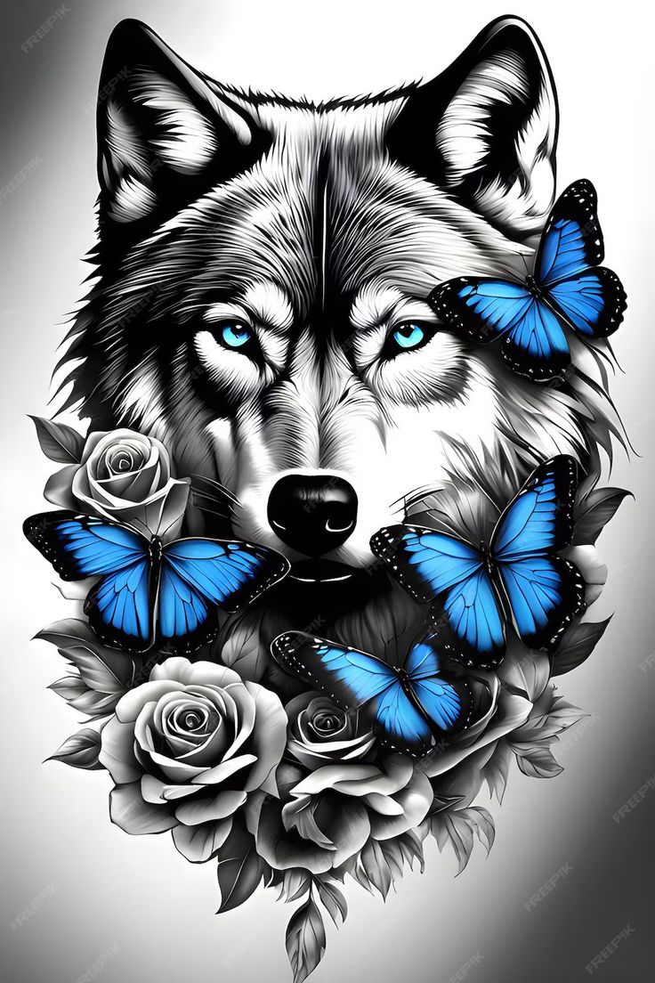 a wolf with blue eyes and butterflies on his face is shown in this tattoo design