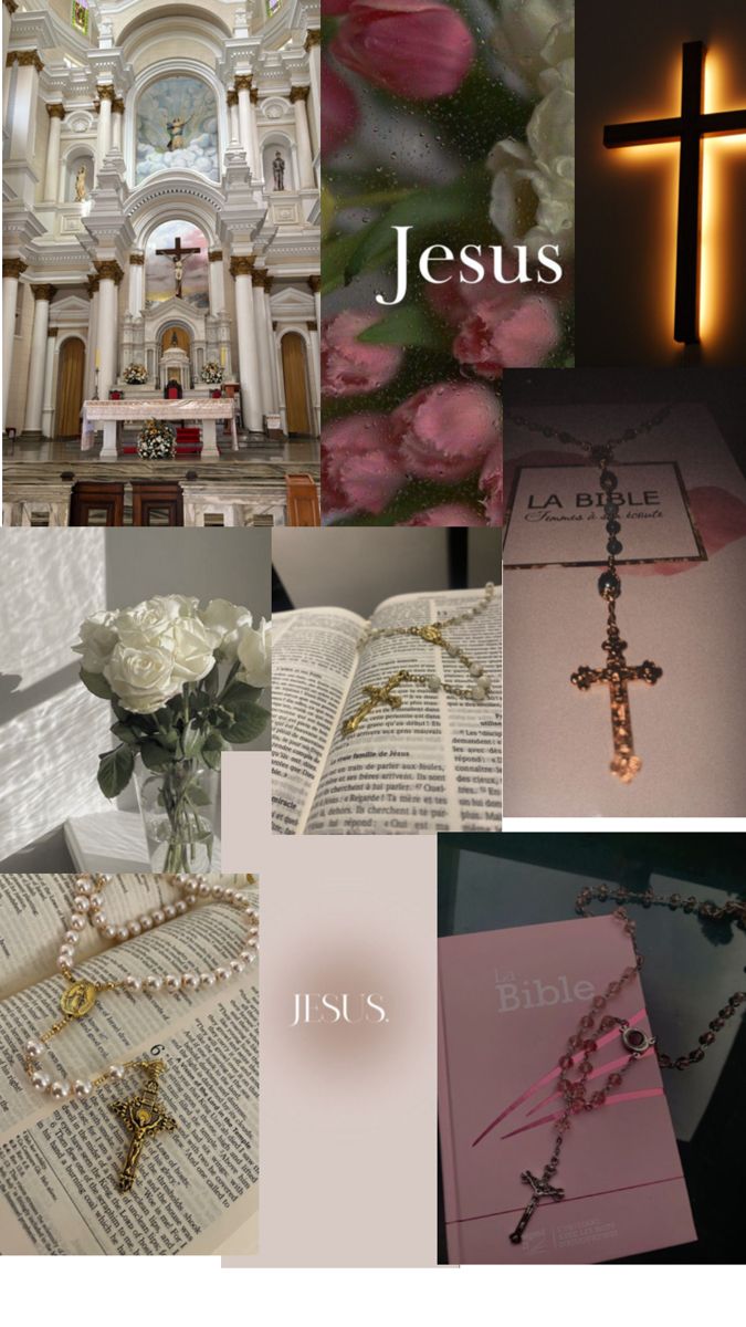 a collage of images with the words jesus written in different languages and pictures of flowers