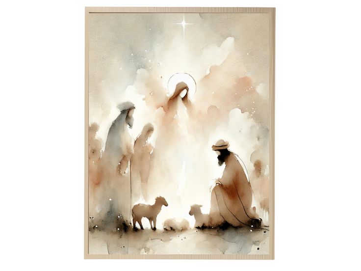 watercolor painting of three wise men and their lambs in the mangeroom