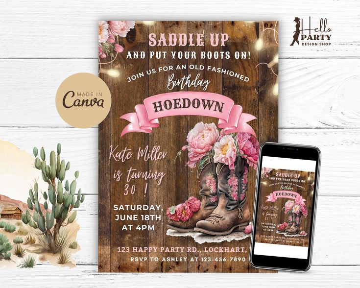 a western birthday party with cowboy boots and pink flowers on the front, and an iphone next to it