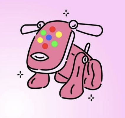 a drawing of a pink dog with polka dots on it's collar