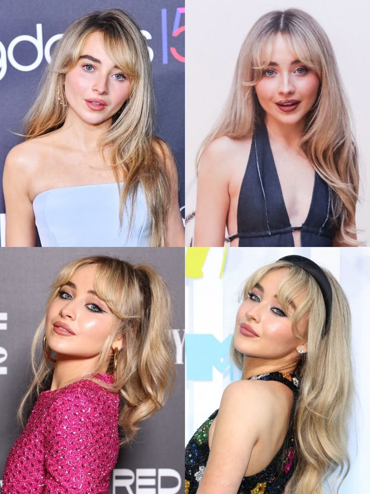 four different pictures of women with long hair and one has blonde hair, the other is blue