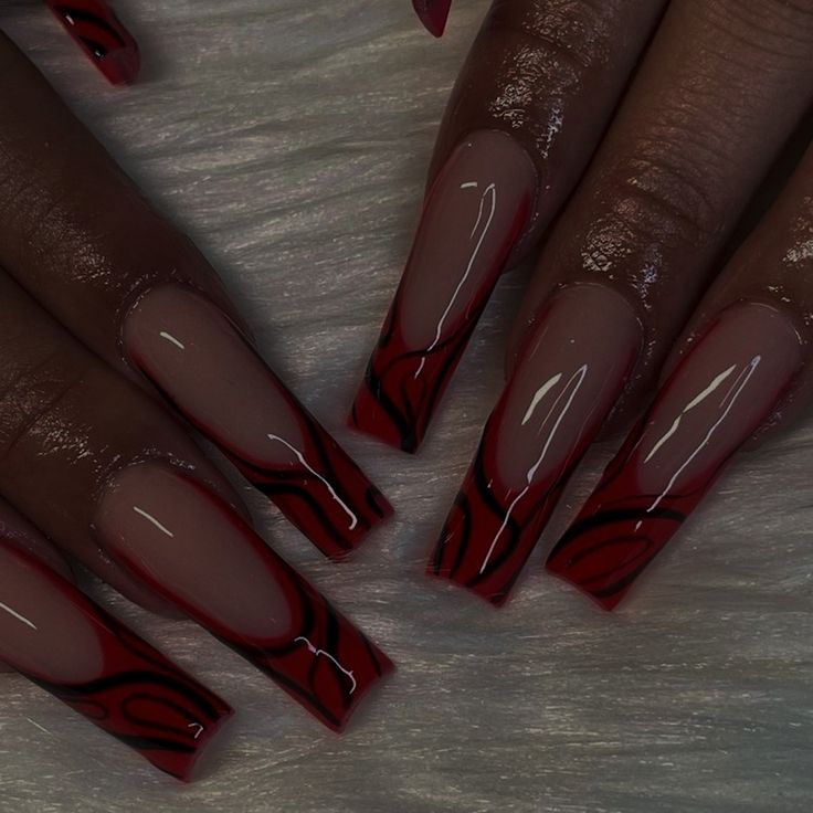 Red Baddie Nails Acrylic, Baddie Red Nails, Red And Black French Tip Nails, Black And Red French Tip Nails, Nail Art Designs Red, Black Acrylic Nail Designs, Ballerina Acrylic Nails, Bday Nails, Birthday Pics