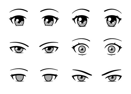 an anime eye with different expressions and eyeshades, all drawn in various ways