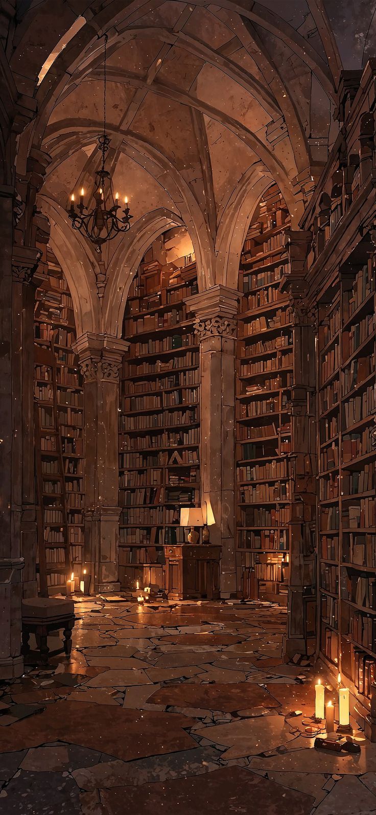 an old library filled with lots of books next to a chandelier full of lit candles