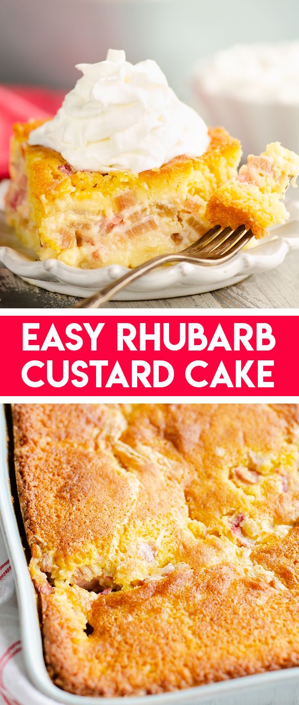 this easy rhubarb custard cake is the perfect dessert to serve