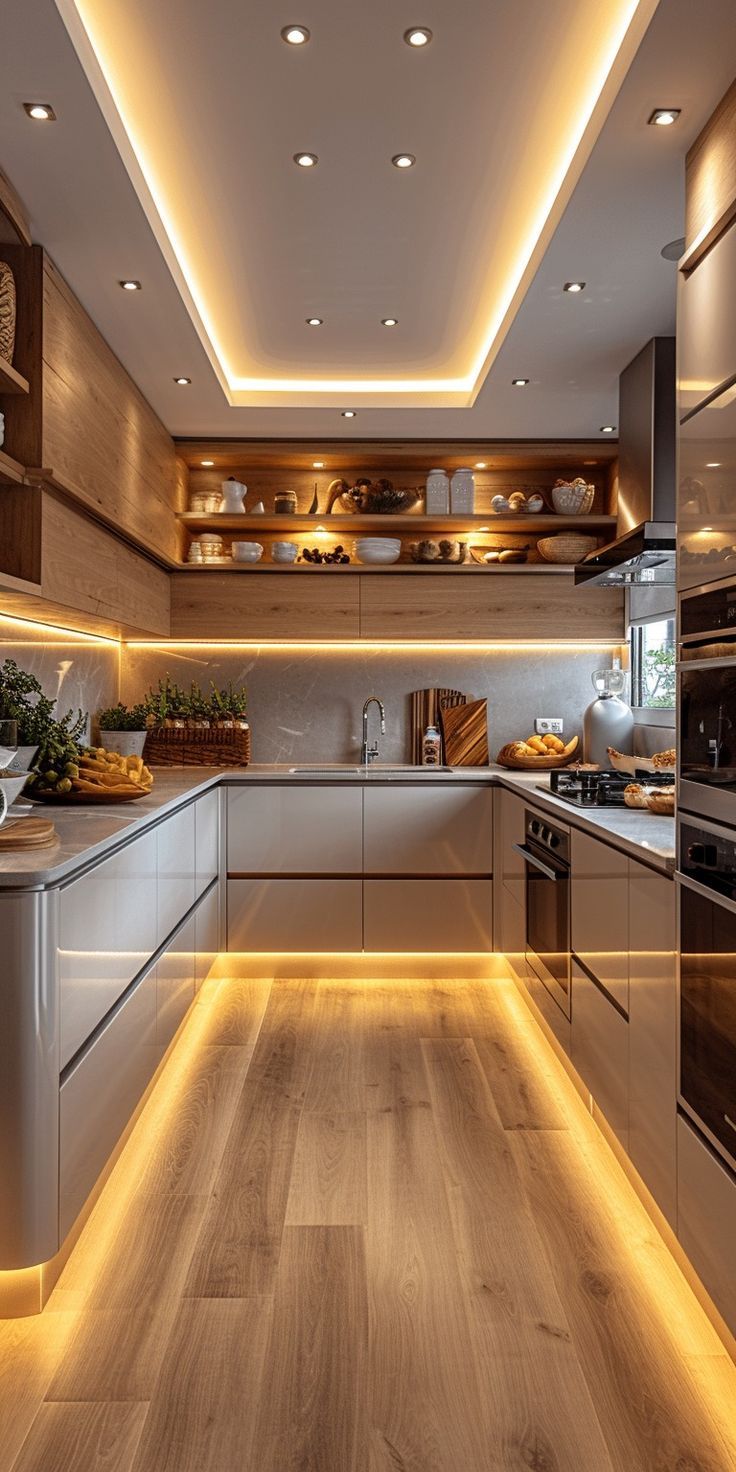 a modern kitchen with wooden floors and white walls, along with recessed lighting on the ceiling