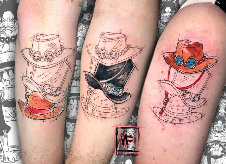 three tattoos on the legs of people with hats and eye glasses, one is wearing a top hat