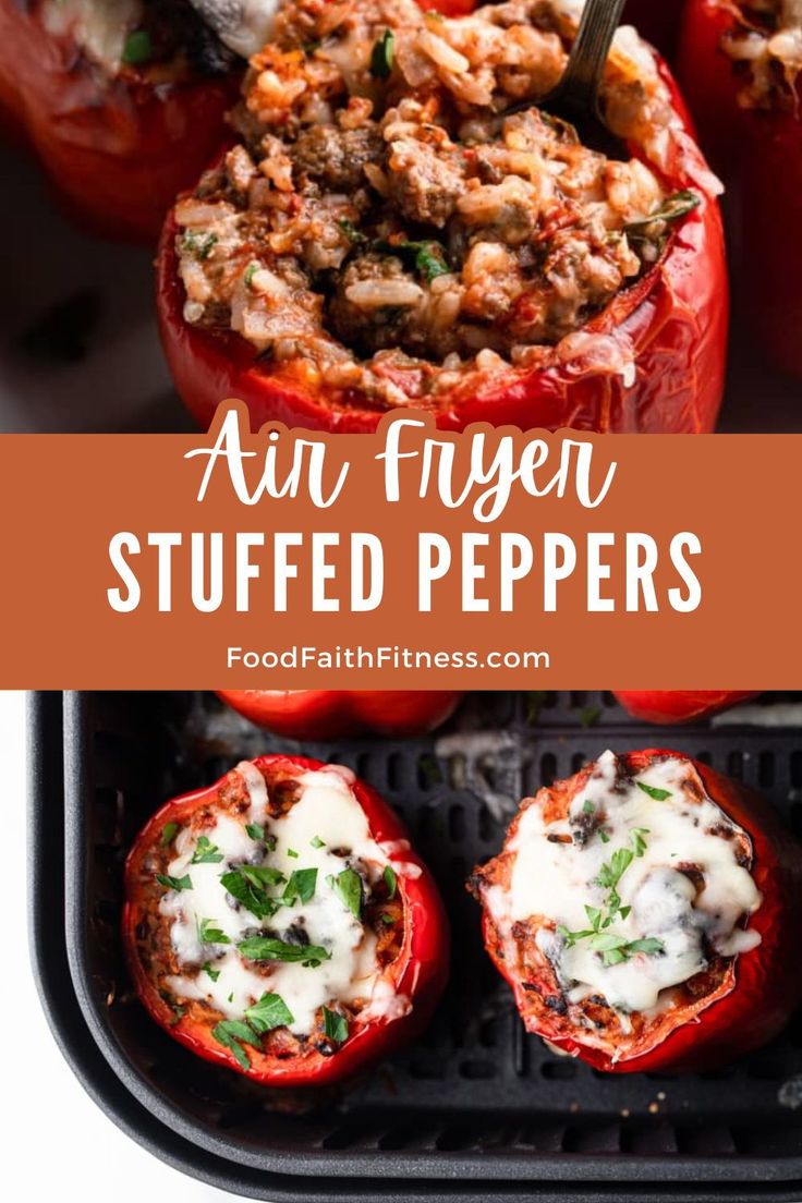 stuffed red peppers with cheese and herbs on top in an air fryer, ready to be cooked