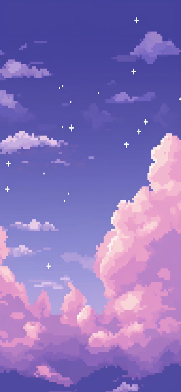 the sky with clouds and stars is shown in this pixel art style photo, it appears to be purple