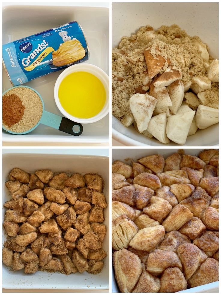 four pictures showing different stages of making baked goods in the kitchen, including apples, cinnamon rolls and oatmeal