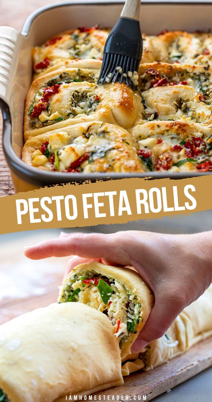 Two images. Top image is a casserole dish filled with baked rolls filled with tomato, spinach, and cheeses. Bottom image is the rolled up dough log with a slice being lifted from the center to showcase the cheeses, spinach, and tomato inside. Spinach Pesto Pizza, Spinach Lunch Ideas, Savoury Rolls, Pesto Rolls, Feta Rolls, Savory Rolls, Spinach Rolls, Cheese Roll, Savory Foods