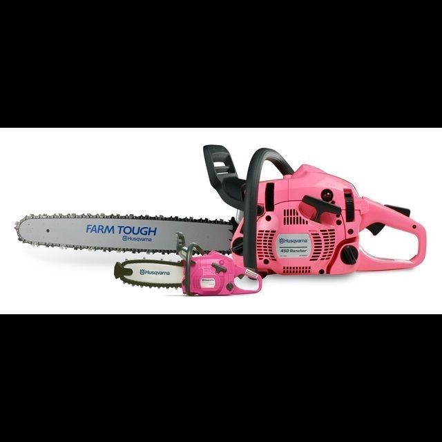 a pink and black chainsaw sitting on top of a white background