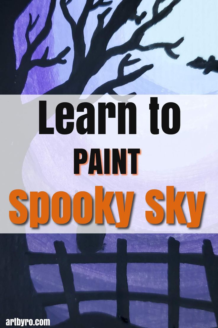 the words learn to paint spooky sky are in front of an image of a tree