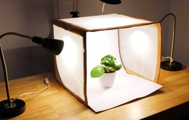 a small lightbox with a potted plant in it on a wooden table next to a lamp