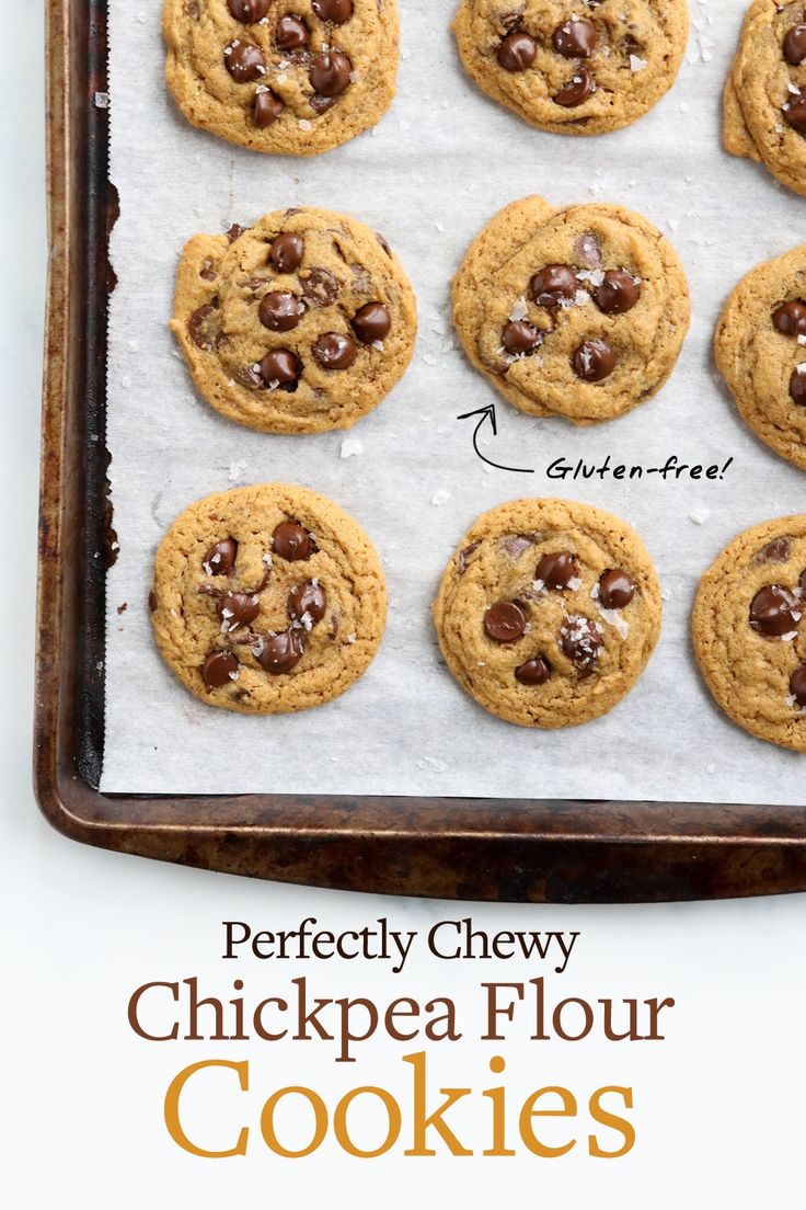 perfectly chewy chickpea flour cookies on a baking sheet with text overlay