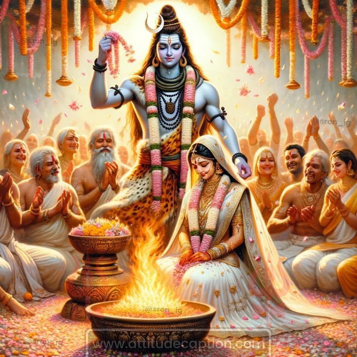 the hindu god sitting in front of a fire and surrounded by other people, with his hands