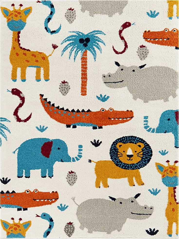 a rug with animals and giraffes on the ground in front of a white background