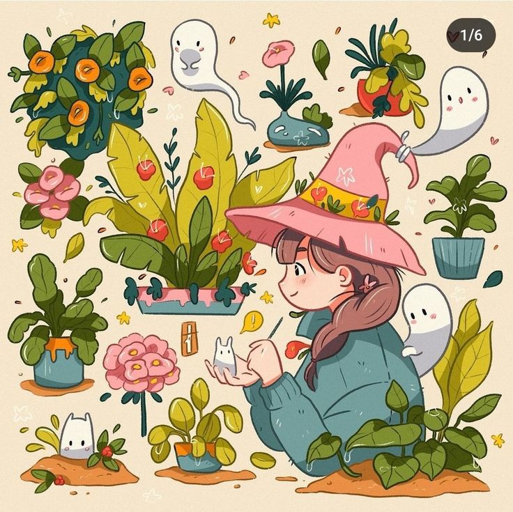 a girl in a witches hat surrounded by plants