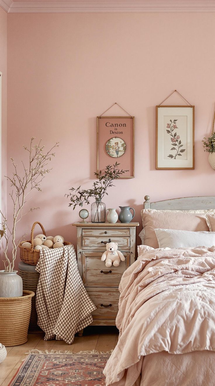 Pink Bedroom Ideas Dusty Pink Toddler Bedroom, Light Pink Wall Bedroom, Dusty Rose Girls Bedroom, Rustic Pink Bedroom, Pink Curtains Bedroom Room Ideas, Pastel Pink Bedroom Walls, Teen Pink Bedroom Ideas, Beige Pink Room, Pink Cottagecore Bedroom