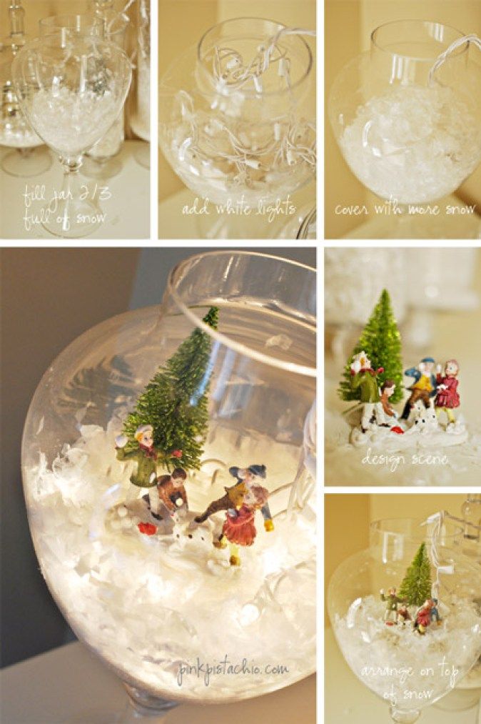 several pictures of snow globes with christmas trees in them