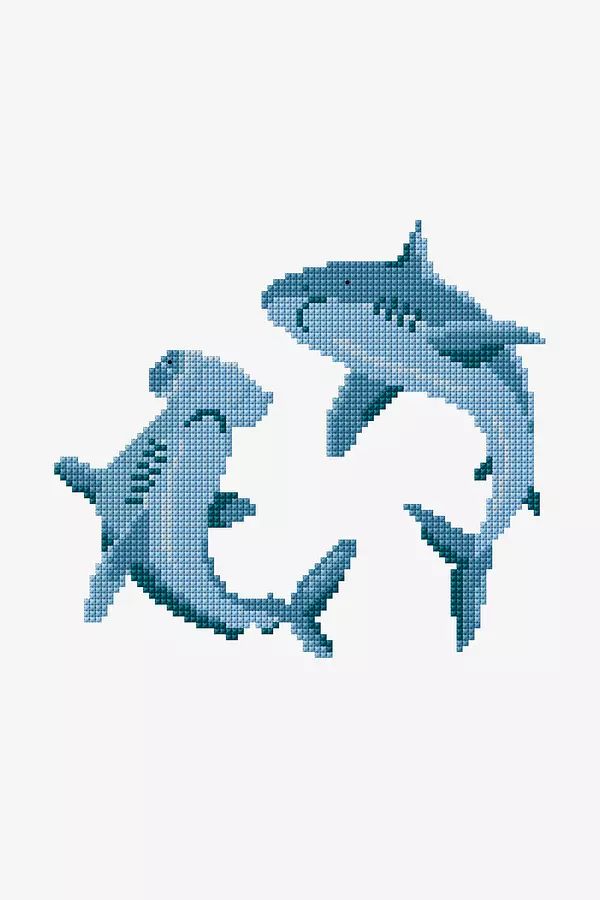 two shark cross stitched together in blue