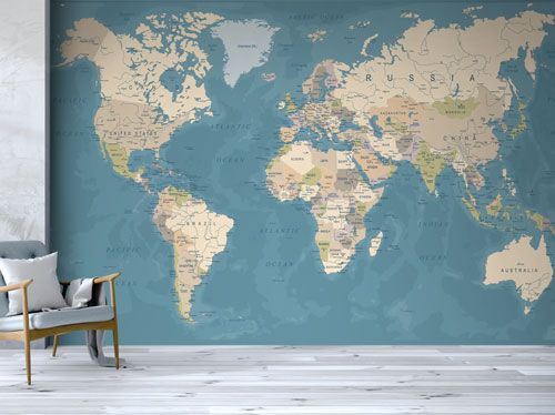 a room with a chair and a large map on the wall in front of it