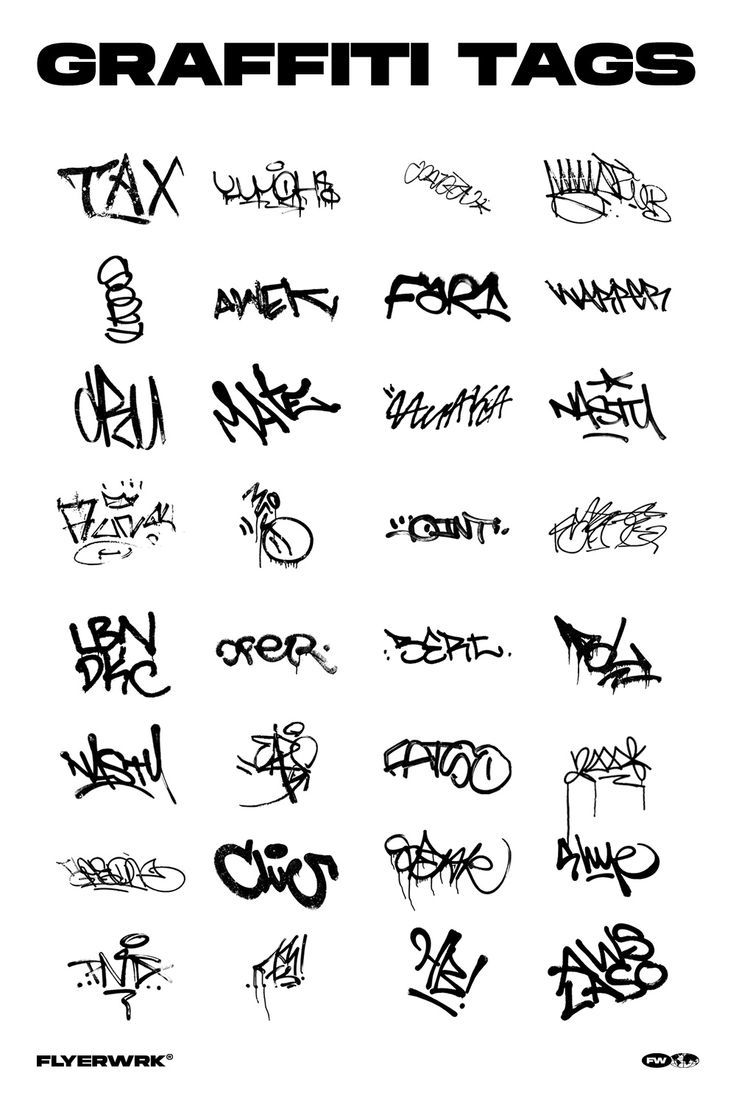 graffiti tags are shown in black and white, with the words graffiti written on them