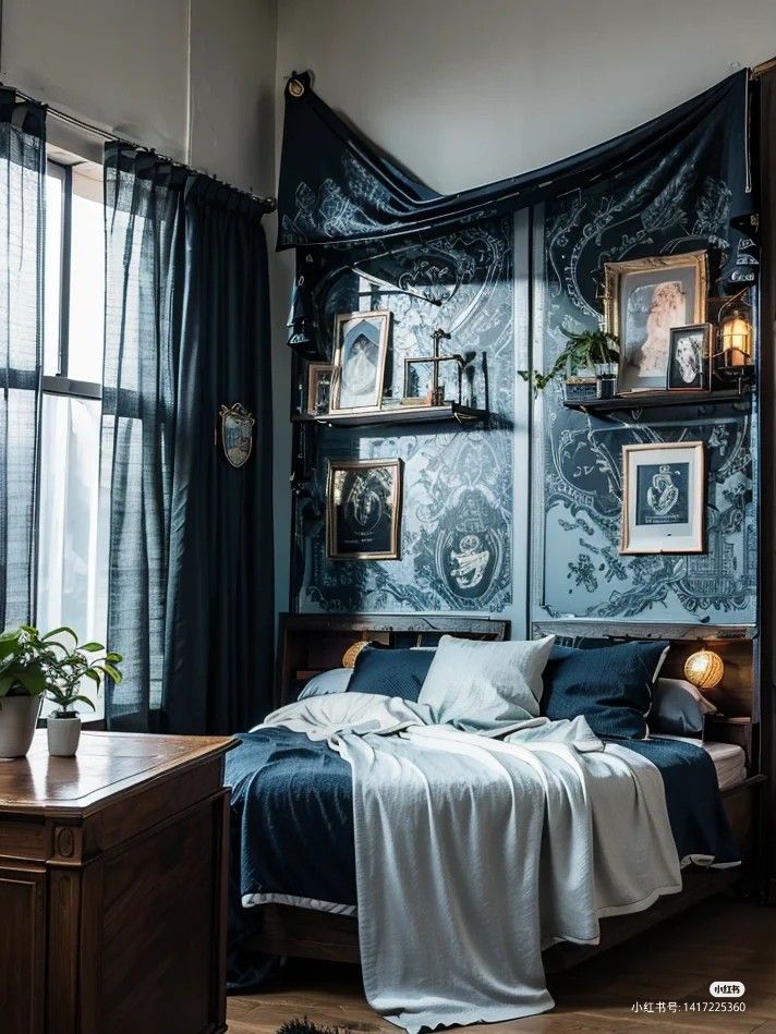 a bed sitting under a window next to a wooden desk