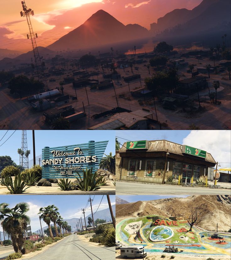 there are three different pictures of the same place in gta 5, including mountains and palm trees