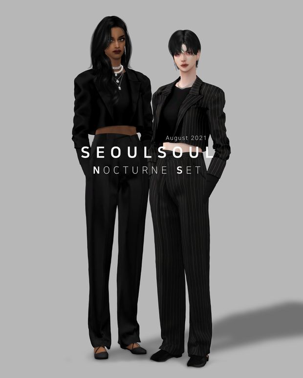 two people standing next to each other in black suits and ties, with the caption seoulsouu nocture set