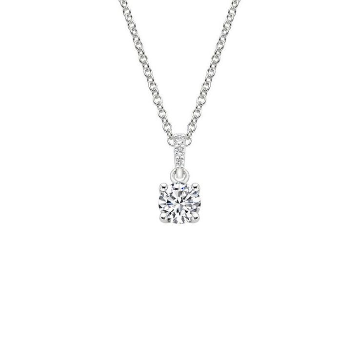 Pavé Diamond Bail Pendant - Platinum. A beautiful center gem is elegantly held in a four prong basket attached to a bail glittering with pavé set diamond accents. Elegant Necklace With Prong Setting And Lab Grown Diamonds, Elegant Crystal Solitaire Necklace With Diamond Cut, Elegant Crystal Solitaire Necklace With Diamond Accents, Classic Crystal Diamond Necklace With Brilliant Cut, Classic Brilliant Cut Crystal Diamond Necklace, Elegant Solitaire Necklace With Brilliant Cut Crystal, Diamond White Diamond Necklace For Evening, Classic Round Cut Crystal Diamond Necklace, Elegant Crystal Solitaire Necklace With Brilliant Cut