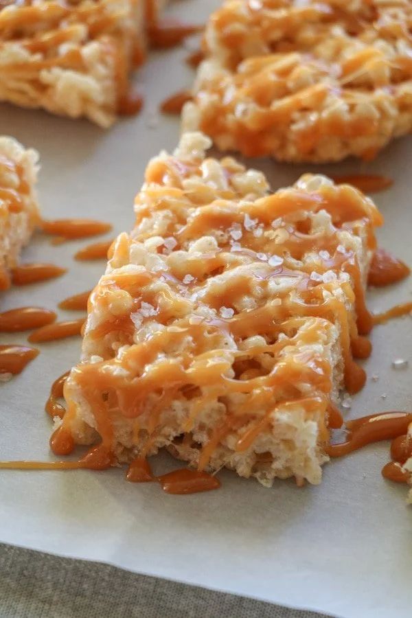 caramel rice krispy treats on a baking sheet