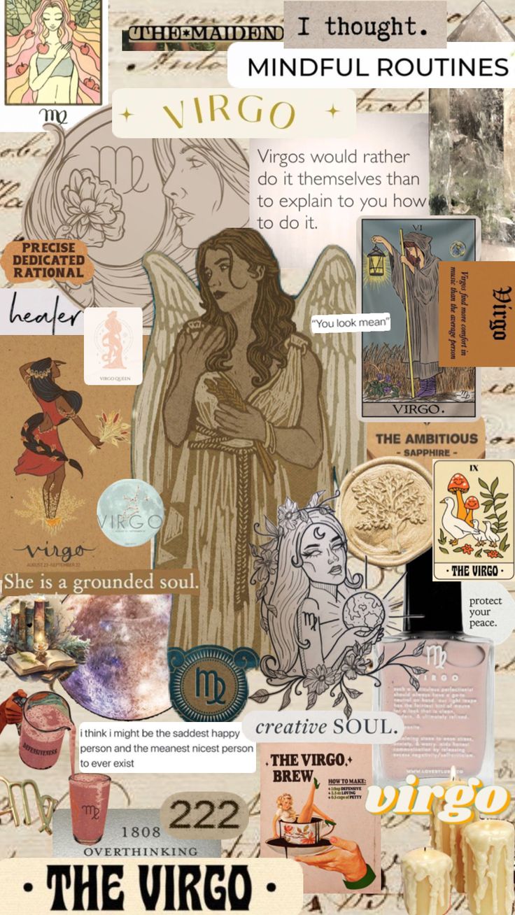 the virgo collage is made up of many different images and words, including an angel