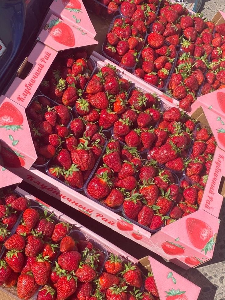 several boxes filled with lots of ripe strawberries