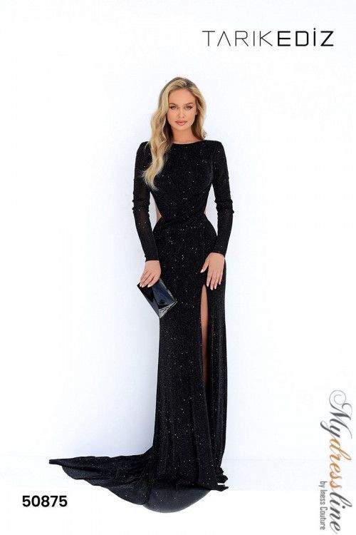 Tarik Ediz 50875 Galaxy Jersey dress. Tarik Ediz Dresses, Long Sleeve Evening Gowns, Tarik Ediz, Long Sleeve Gown, فستان سهرة, Glitter Dress, Bateau Neckline, Gala Dresses, Long Black Dress