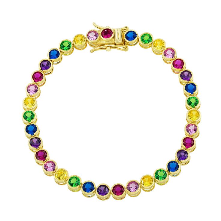 If you were the kid who used every crayon in the box, consider this colorful charmer your style soulmate. Twinkling with jewel-toned crystals in a gorgeous round cut, our Easy to Love Rainbow Bracelet lives up to its name! Clasp her on and see how she gets along with everything from statement bangles to dainty rings or scene-stealing hoops—this rainbow of shine is endlessly versatile and loves to be layered. 14k gold plated sterling silver Multicolor gems 7" in length Rainbow Cubic Zirconia Bracelets For Gift, Multicolor Multi-stone Tennis Bracelet As Gift, Rainbow Cubic Zirconia Bracelets As Gift, Rainbow Cubic Zirconia Bracelet For Gift, Rainbow Cubic Zirconia Bracelet As Gift, Multicolor Gemstone Tennis Bracelet As Gift, Multicolor Gemstone Tennis Bracelet As A Gift, Multicolor Cubic Zirconia Tennis Bracelet Gift, Rainbow Jewelry With Sparkling Stones For Gift