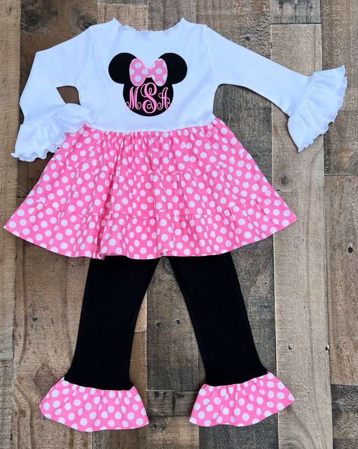 Minnie Mouse Birthday Girl Outfit Cute Fitted Minnie Mouse Sets, Pink Ruffled Birthday Set, Fitted Birthday Sets With Ruffles, Fitted Sets With Ruffles For Birthday, Playful Fitted Minnie Mouse Set, Fitted Playful Minnie Mouse Set, Long Sleeve Birthday Sets For Spring, Long Sleeve Sets For Birthday In Spring, Fun Pink Long Sleeve Sets